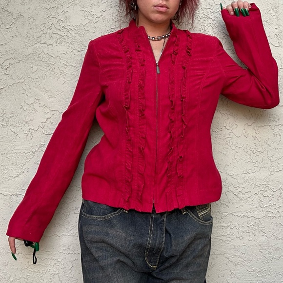 Y2k Red Velvet Zip Up Ruffle Long Sleeve Top or Jacket - Picture 7 of 10